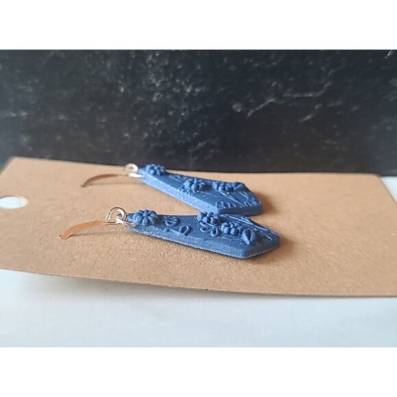 Polymer Clay Blue Floral Dangling Pierced Earrings New - Picture 4 of 10